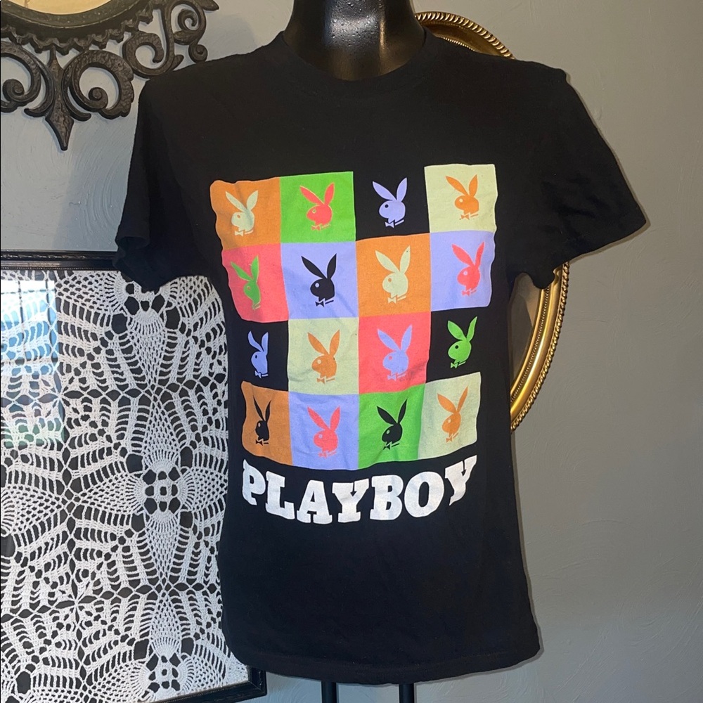 PLAYBOY Black Tee with Multicolor Bunny Grid